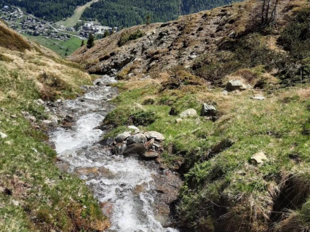 Bergbeek die tussen rotsen en groen naar beneden stroomt – Plan da la Montanèla (CAI 159), Livigno