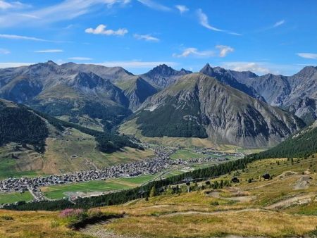 Uitzicht over het dorp met een bergketen op de achtergrond – Van Trepalle naar Monte della Neve (pad 126), Livigno